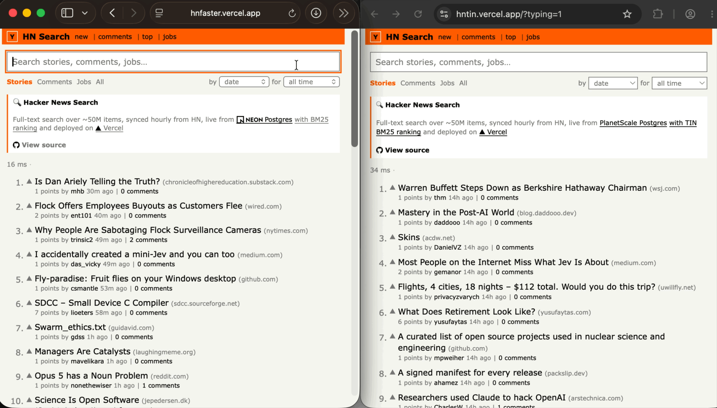 Searching for planetscale in two apps at once. The TIN app, on the right, finishes faster and flickers less.