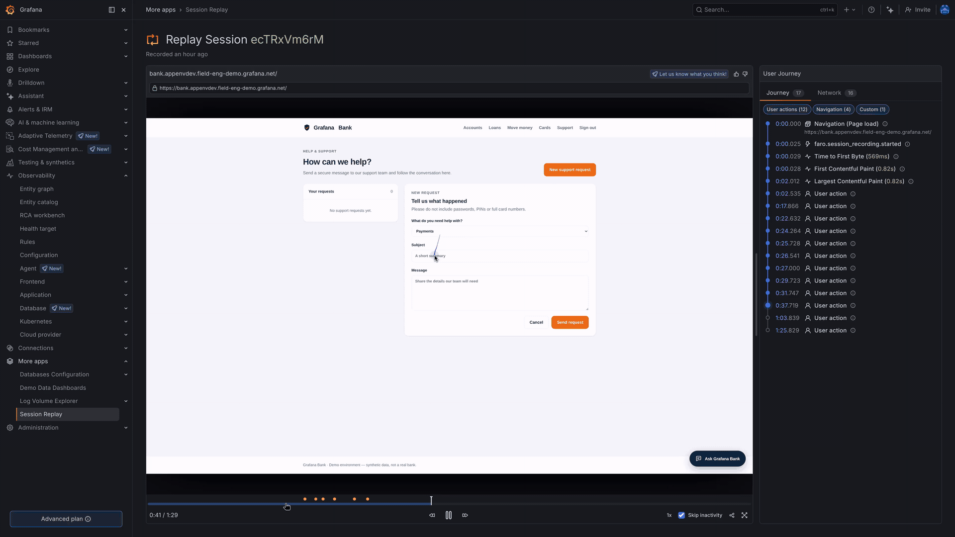 A GIF showing Session Replay playback capabilities in Grafana Cloud Frontend Observability.