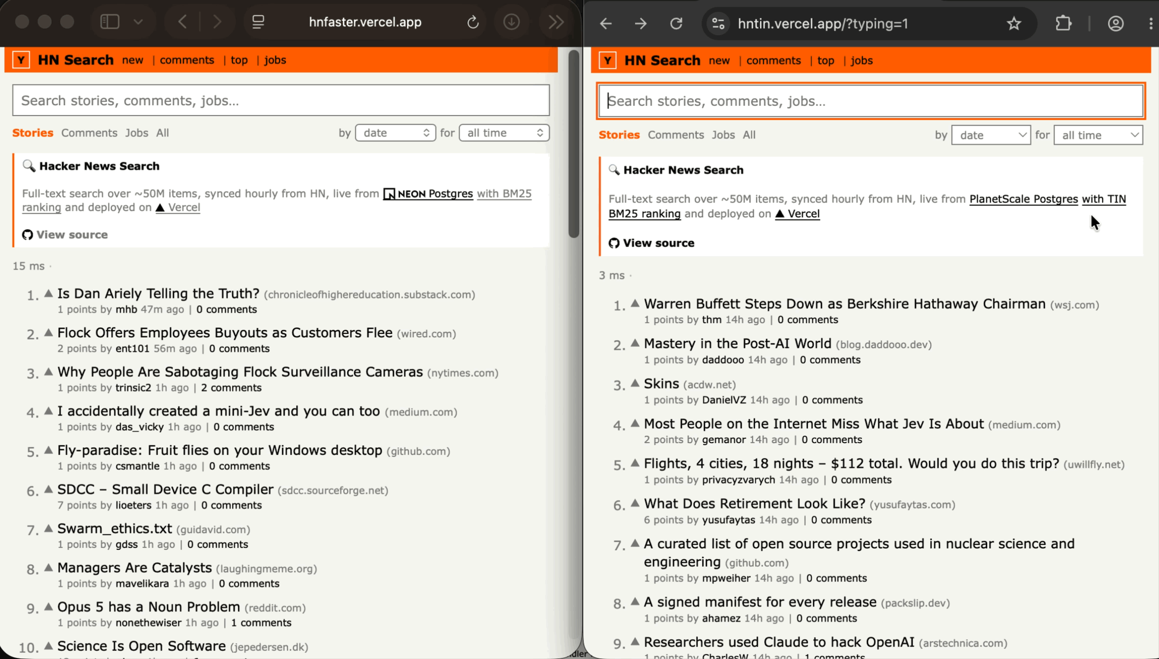 Searching for planetscale datab. The TIN app, on the right, finds results with database in them.
