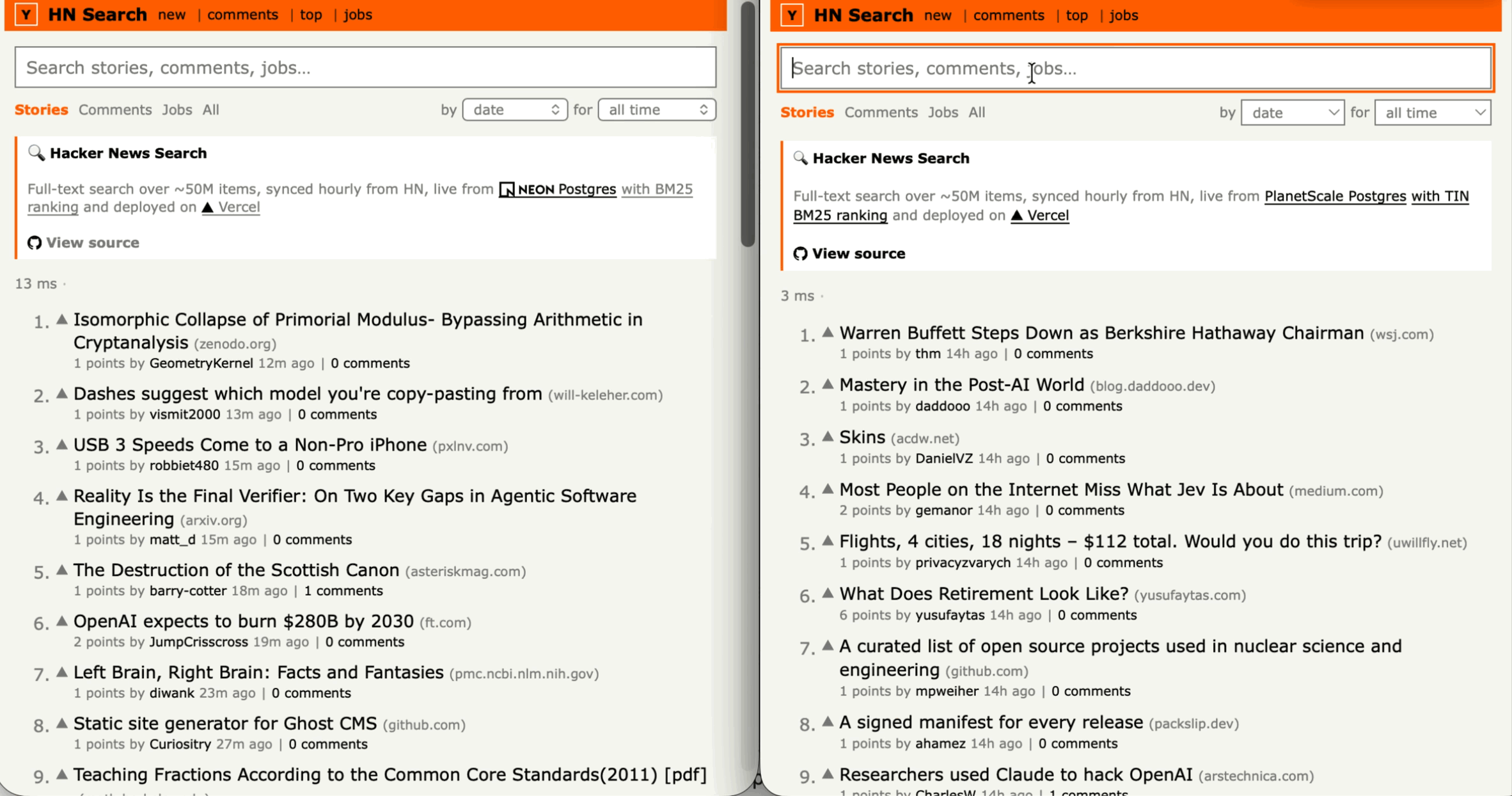 Searching for show hn. Lakebase, on the left, is slow and claims about 3400 results. TIN, on the right, is fast and gets a much higher correct count.